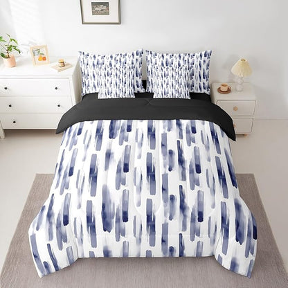 Erosebridal 7Pcs Navy Blue Queen Comforter Set,Teal Ombre Geometric Striped Bed in A Bag for Teens Adults,Gradient Modern Art Aesthetic Bedding,Contemporary Boho Graffiti Quilt Set with Pillowcases