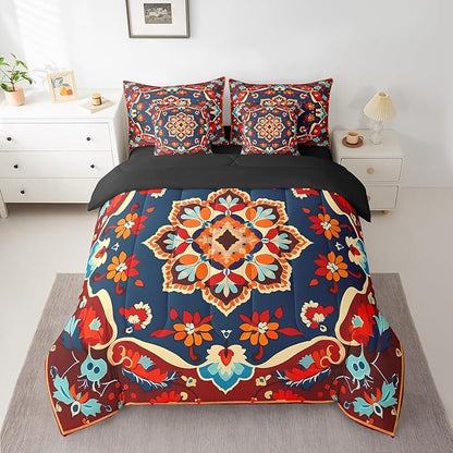Erosebridal Oriental Bed in a Bag 7pcs Vintage Bedding Set, Art Deco Floral Twin Size Comforter Set Boho Tribal Bedding Comforter Sets Traditional Aesthetic Bed Set, Hippie Paisley Mandala Decor Red