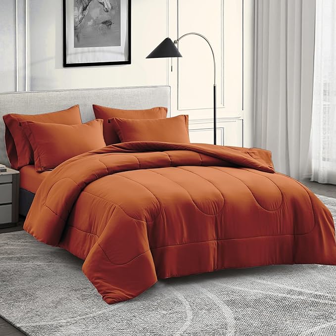 Maple&Stone Twin Comforter Set 5 Pieces Bed in a Bag - Down Alternative Bed Set with Sheets, Pillowcase & Sham, Soft Reversible Duvet Insert for Twin Bed, Burnt Orange