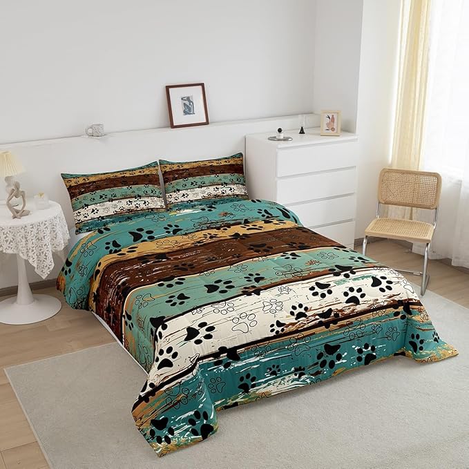 Manfei Dog Paw Print Comforter Set Twin Size, Animal Theme Bedding Set for Kids Boys Girls Room Decor, Farmhouse Blue Brown Wooden Plank Down Comforter, Soft Polyester Quilt Set,1 Pillowcase