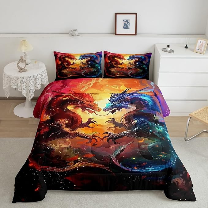 Feelyou Dragon Comforter Set Full Size Western Dragon Comforter for Boys Girls Teens Wildlife Bedding Set Wild Animal Duvet Set Room Decor Dark Orange Quilt Set