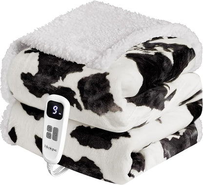 Heated Blanket Throw Electric Blanket – Fast Heating Blanket with 10 Heat Settings & 10 Hours Auto Off, Cow Print Blanket Cozy Soft Fleece Sherpa, Washable, Warm Gifts for Grandma