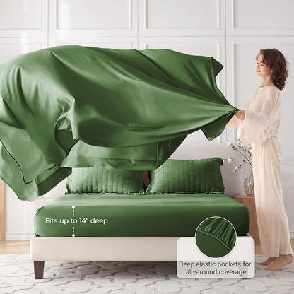 MUXHOMO 7 Pieces Queen Comforter Set, Seersucker Bed in a Bag Queen Size, All Season Luxury Bedding Set with Comforter, Flat Sheet, Fitted Sheet, Pillowcases & Shams, Dark Green