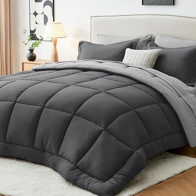 Sasttie Twin XL Comforter Set, 5 Pieces Twin XL Bed in a Bag, Complete Bedding Set Includes Comforter, Flat Sheet, Fitted Sheet, Pillowcase and Pillow Sham, Dark Grey & Light Grey