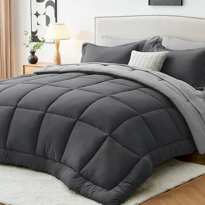 Sasttie Twin XL Comforter Set, 5 Pieces Twin XL Bed in a Bag, Complete Bedding Set Includes Comforter, Flat Sheet, Fitted Sheet, Pillowcase and Pillow Sham, Dark Grey & Light Grey
