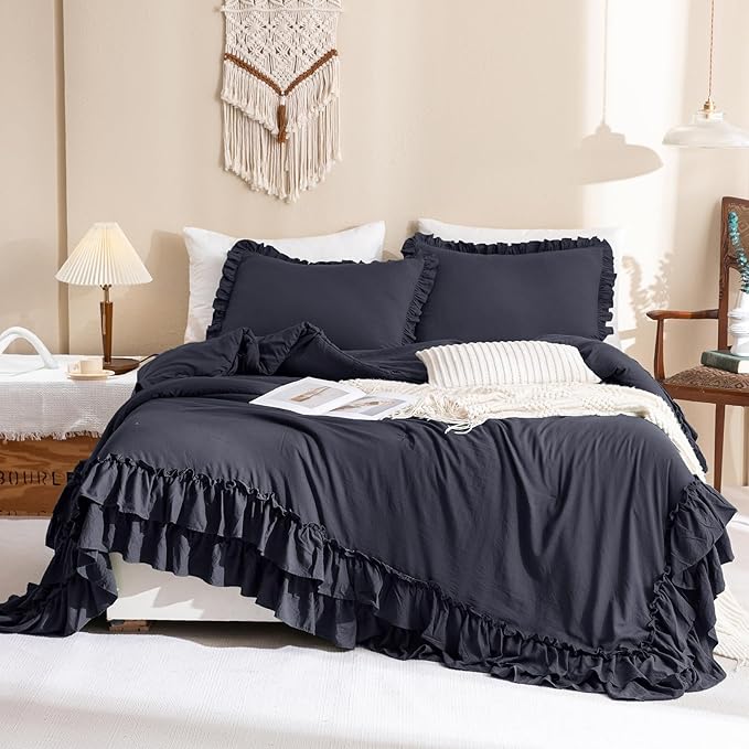 Masaca Ruffled Comforter Set King,Farmhouse Shabby Boho Chic Bedding Comforter Vintage Aesthetic Rustic Bedding 3 Pieces (1 Dark Grey Ruffle Comforter and 2 Pillowcases)