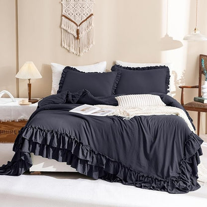 Masaca Ruffled Comforter Set King,Farmhouse Shabby Boho Chic Bedding Comforter Vintage Aesthetic Rustic Bedding 3 Pieces (1 Dark Grey Ruffle Comforter and 2 Pillowcases)