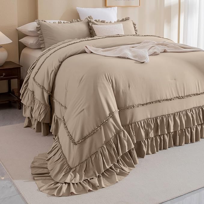 QSH 3PCs Light Taupe Oversized California King Ruffled Bed Comforter Set 128x120, Farmhouse Vintage Chic Comforter French Country Shabby Comforter Soft Microfiber Fluffy Bedding Set