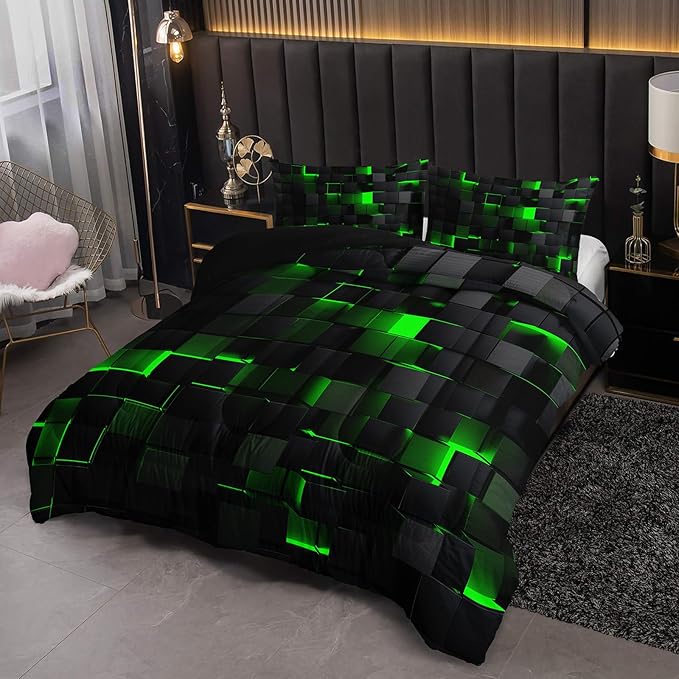 Neon Green Black Comforter Set Twin Geometric Kids Bedding Set,3 PCS Geometry Honeycomb Bed Set Modern Quilt Set 1 Comforter 2 Pillow Cases Cool Room Decor All Season B-Side Black