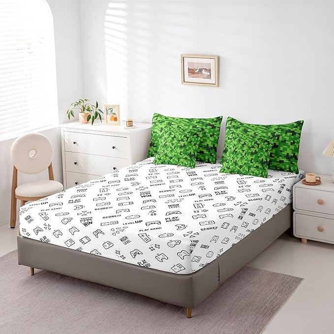Green Pixelated Gamer Bedding Sets King Size,Video Games 7Pcs Comforter Set,Kids Boys Girls Teens Room Decor,Cartoon Gamepad Bed in a Bag Modern Geometric Check Flat Fitted Sheet,2 Pillowcases