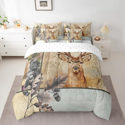 Elk Deer Bed in a Bag King Size Comforter Set 7 Pieces,Woodland Animals Bedding Sets Moose Reindeer Sheet Set with Comforter