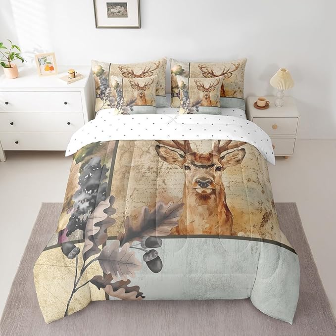 Elk Deer Comforter Set 7 Piece Bed in a Bag Twin,Woodland Animals Bedding Sets Moose Reindeer Sheet Set with Comforter