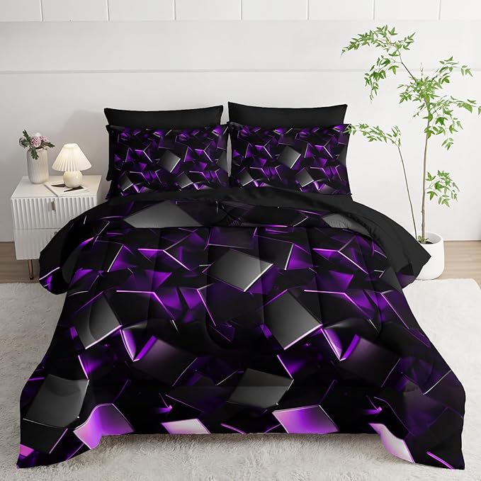 Purple and Black Geometric Comforter Set King Size 7PCS,Abstract Triangular Printed Bedding Set for Adults,Geometric Mordern Art Decor All Seasons with Pillowcases,Flat, Fitted Sheet