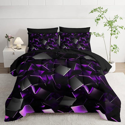 Purple and Black Geometric Comforter Set Queen Size 7PCS,Abstract Triangular Printed Bedding Set for Adults,Geometric Mordern Art Decor All Seasons with Pillowcases,Flat, Fitted Sheet
