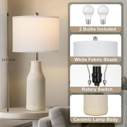 24.5" Ceramic Table Lamps Set of 2, Modern Farmhouse Bedside Lamps for Bedroom Nightstand, Small Table Lamp for Living Room End Table, Beige (2 LED Bulbs Included)