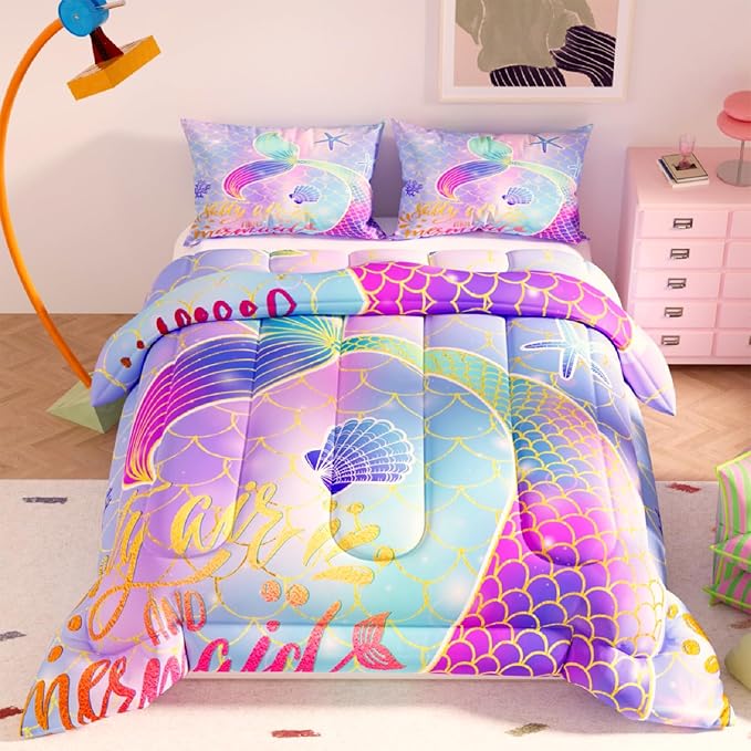 Mermaid Comforter Sets,Cute Pattern for Kids Girls Adults,Decorative Bedding Comforter Sets with 2 Pillow Shams, Queen Size