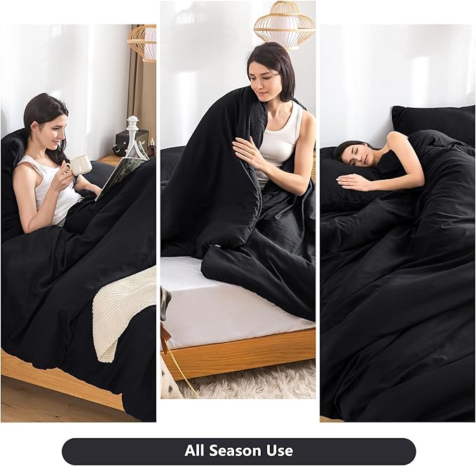 Ultra-Soft Black Twin Comforter Set, Washed Cotton 2 Piece Fluffy Lightweight Down Alternative Bedding Comforter for All Seasons - 1 Conforter and 1 Pillowcase - Twin/Twin XL Size Signal Dorm Kids Bed