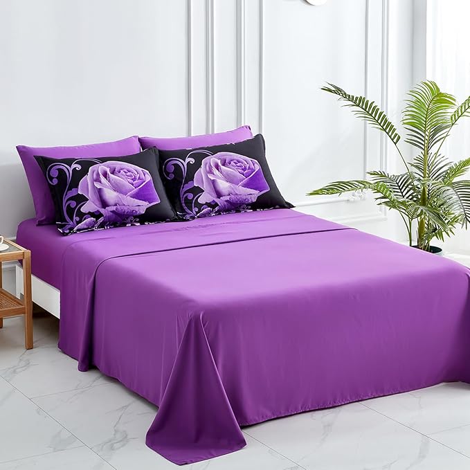 WONGS BEDDING Purple Comforter Set Queen, Reversible Purple Rose 7 Pieces Bed in a Bag, Lightweight Soft Microfiber Bedding Sets with Flat Sheet, Fitted Sheet, Pillowcases & Shams
