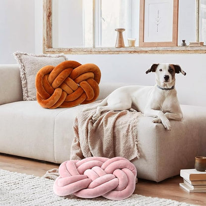 Sintuff Set of 2 Velvet Knot Pillow Ball 14 x 16 Inch Soft Decorative Knotted Throw Pillow for Christmas Thanksgiving Couch Home Sofa Bedroom Decor to Add Comfort and Style(Coffee and Pink)