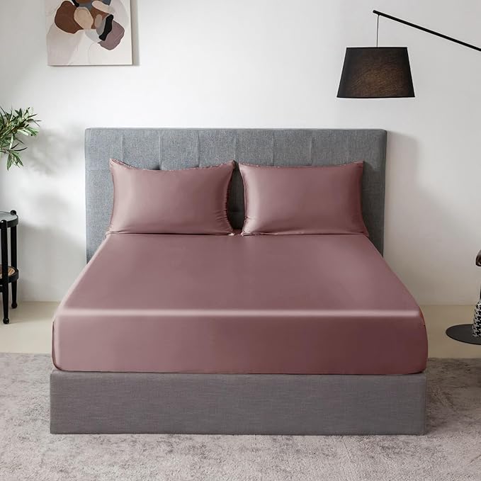 THXSILK 100% Mulberry Silk Fitted Sheet Set, 7A+ Silk 3 Pieces Bed Sheets, Breathable, Smooth, 16 Inch Deep Pocket Fitted Sheet, 2 Pillowcases - Purple, Twin