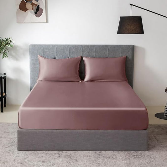 THXSILK 100% Mulberry Silk Fitted Sheet Set, 7A+ Silk 3 Pieces Bed Sheets, Breathable, Smooth, 16 Inch Deep Pocket Fitted Sheet, 2 Pillowcases - Purple, Twin