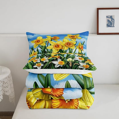 Erosebridal Rustic Flowers Bedding Set for Girls Women,Blossom Daffodil Floral Bedding Comforter Sets Twin Country Farmhouse Comforter Set,Pastoral Green Leaf Quilt Duvet Spring Home Decor