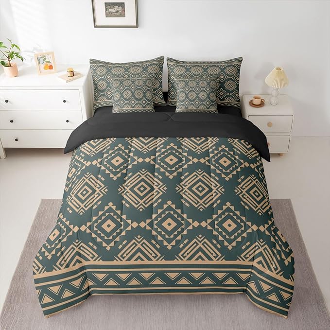 Erosebridal Rustic Western King Comforter Set with Sheets 7 Piece Vintage Southwestern Bed in A Bag Farmhouse Aztec Nordic Style Bedding Sets for Teens Teenager Boho Geometric Diamond Bed Set