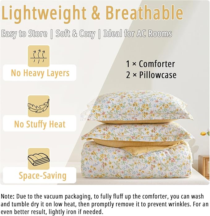 Natural Cotton 3pcs Floral Comforter Sets Queen Size-Yellow Comforter with Pink & Yellow Flowers and Blue & Green Leaves on White, Reversible Lightweight Bedding Sets(Queen 90"×90")