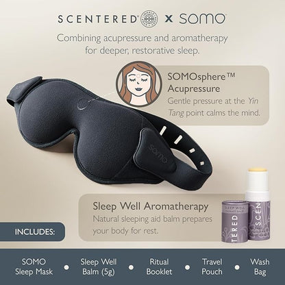 Scentered x SOMO Luxury Blackout 3D Sleep Mask for Side Sleepers & Sleep Well Aromatherapy Balm - Acupressure Eye Mask with Eyelash Space, Hypoallergenic - 4-in-1 Sleep Gift Set with Pouch & Wash Bag
