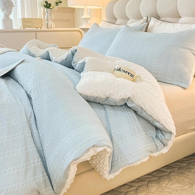 Boho Comforter Set King Size Striped Pleats Bohemian Seersucker Bedding Set All Season Soft Cozy 3 Pieces Quilt with 2 Pillowcases(104"X90" Light Blue)