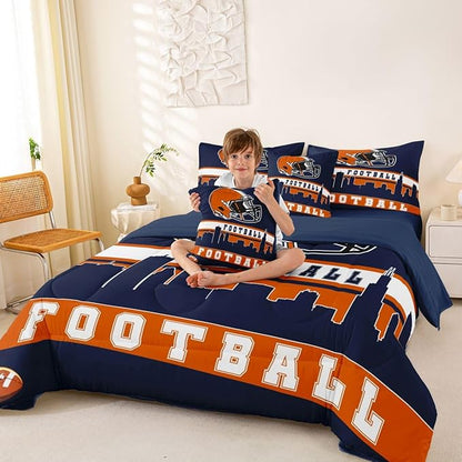 Erosebridal Football 7 Pcs Comforter Set King Football City Bedding for Men Blue Orange Football Fans Sheet Set Bed in A Bag Rugby Game Room Decor Sports Ball Competition Quilt
