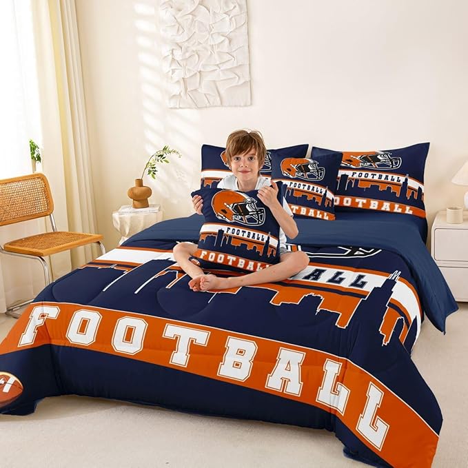 Erosebridal Football 7 Pcs Comforter Set Twin Football City Bedding for Men Blue Orange Football Fans Sheet Set Bed in A Bag Rugby Game Room Decor Sports Ball Competition Quilt