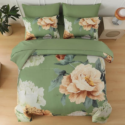 Dobuyly Queen Comforter Set 7 Piece Bed in a Bag, Olive Green Floral Comforter Set with Sheets, Soft Microfiber Botanical Flower Bedding Set for All Season