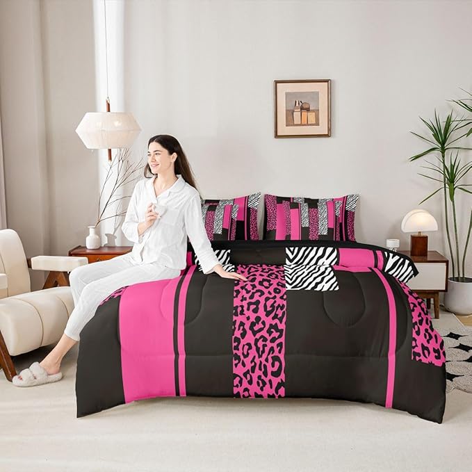 Erosebridal Leopard Print Stripes Black Pink Girls Women King 7-Piece Comforter Set | Wild Animal Skin Sheets and Pillowcases Zebra Cheetah Fur Pattern Bed in A Bag Adults Geometric Bed Sets