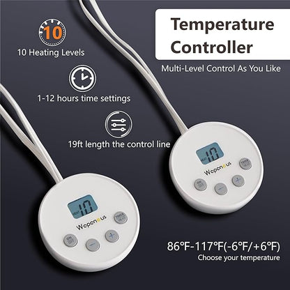 Wapaneus Heated Blanket Electric Queen Size 84"x90"-Dual Control with 10 Heat Levels 12 Timer Settings and 8 Hours Auto-Shut Off,Fast-Heating Electric Blanket,ETL Listed Machine Washable,Light Grey