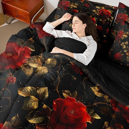 Erosebridal Rose King Comforter Set Rosy Floral 7-Piece Bed in A Bag Gothic Flowers Victorian Garden Romantic Sheets and Pillowcases Gold Red Bed Sets