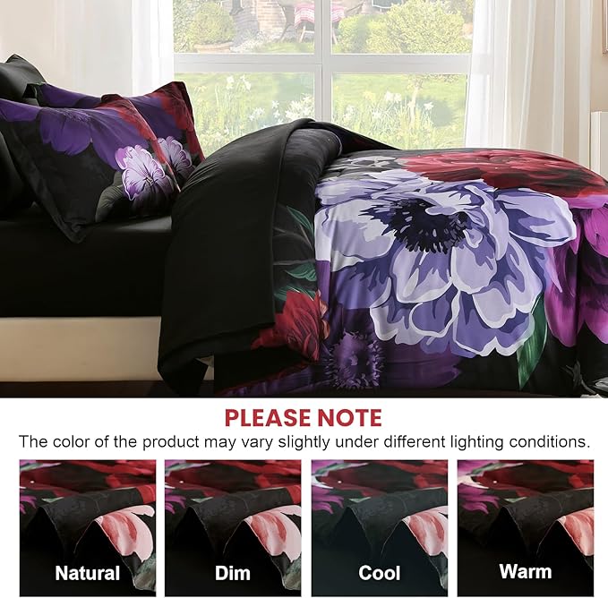 WONGS BEDDING Black Comforter Set King Size, 7 Pieces Floral Bed in a Bag Set, Luxury Red Flower Bedding Set, Soft Microfiber for All Season with Pillowcases & Shams,Sheets(90"×104")