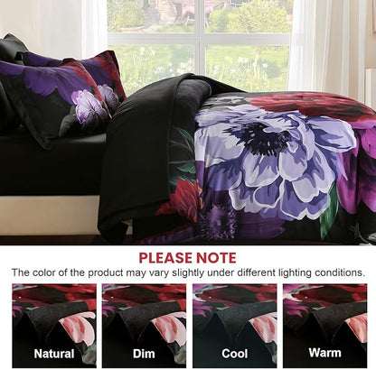 WONGS BEDDING Black Comforter Set King Size, 7 Pieces Floral Bed in a Bag Set, Luxury Red Flower Bedding Set, Soft Microfiber for All Season with Pillowcases & Shams,Sheets(90"×104")