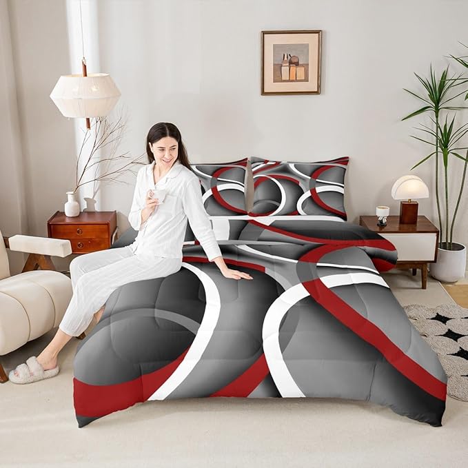 Gray Black Red Swirls Bedding Comforters Retro Circle Stripes Comforter Set for Boys Kids Modern Abstract Bedding Duvet Color Art Home Decoration for All Season,1 Comforter Set + 2 Pillowcases,Full