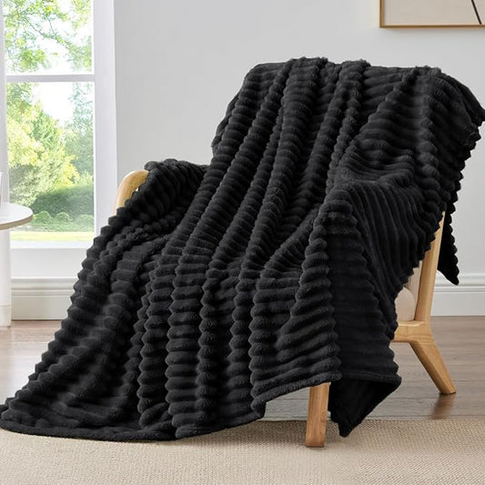 BEDELITE Twin Blanket for Couch & Bed, 300GSM Soft & Warm Fleece Blanket, Decorative and Giftable Striped Black Blankets for Women, Men, 60"x80"