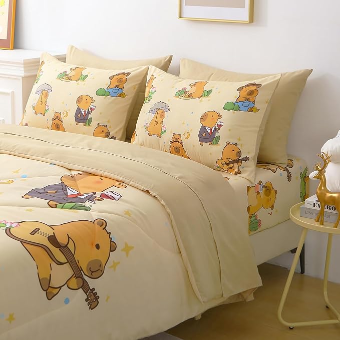 7 Piece Capybara Comforter Set Twin Size Cute Cartoon Capybara Bedding Set Super Soft All Season Bedroom Decor for Kids Girls Boys Teens Birthday Choice