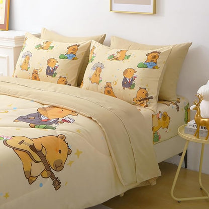 7 Piece Capybara Comforter Set Queen Size Cute Cartoon Capybara Bedding Set Super Soft All Season Bedroom Decor for Kids Girls Boys Teens Birthday Choice