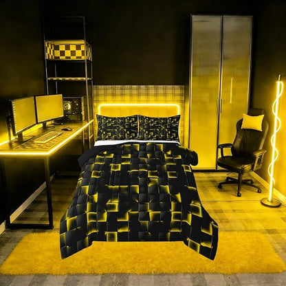 Erosebridal Geometric Checkered Comforter Queen Size Neon Black Gold Comforter Set for Kids Teen Men Gaming Room Decor,Abstract Ombre Plaid Bedding Set Grids Quilt Duvet