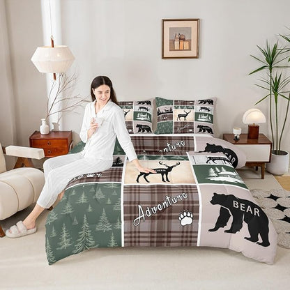 Rustic Cabin Lodge Bedding King Size, Bear Deer Elk Comforter Set Vintage Farmhouse Adventure Quilt Woodland Forest Animal Grid Claw Bedding Comforter Sets Rustic Farmhouse Home Decor, Green Brown