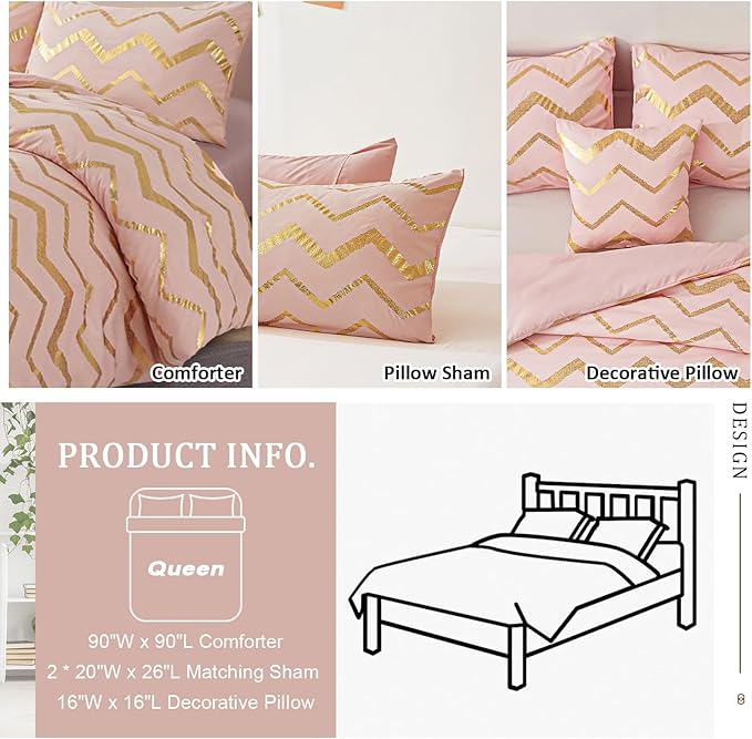 Menghomeus Pink Comforter Set Queen/Full Size Metallic Blush and Rose Gold Bed Comforter 4 Piece Soft Microfiber Bedding for Teen Girls Women (2 Pillow Shams + 1 Decorative Pillow Sham)