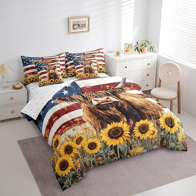 Country Highland Cow Comforter Sets Vintage Retro American Flag Bedding Rustic Farmhouse Animal Sunflower Decor Comforter + Flat Sheet + Fitted Sheet + 2 Pillowcases + 2 Throw Pillow Covers, King