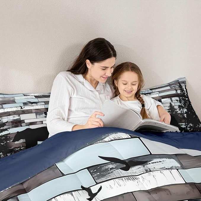 Feelyou Bear Print Bedding Set Wild Animal Comforter Set for Kids Boys Girls Hunting Theme Comforter Pine Trees Retro Quilt Set Bedroom Collection 3Pcs Full Size
