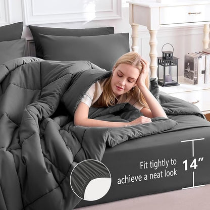 CozyLux King Size Comforter Set Dark Grey, 7 Pieces Bed in a Bag, Dark Grey Comforter King Size, All Season Bedding Sets with Stitch Quilted Comforter, Flat Sheet, Fitted Sheet, Pillowcases