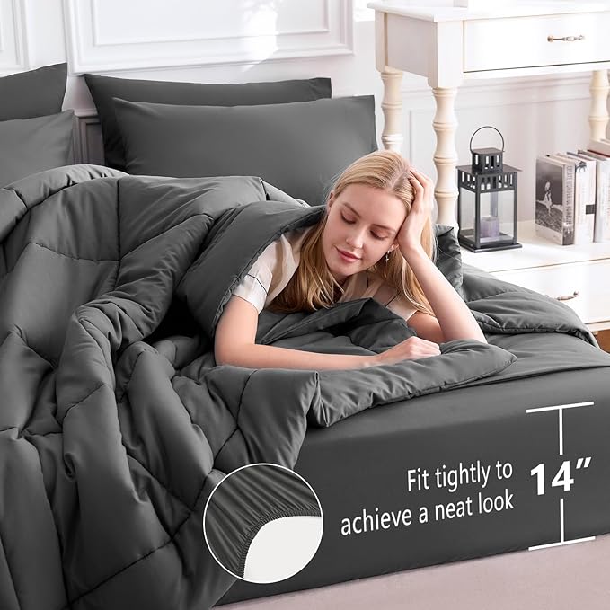 CozyLux Full Size Comforter Sets Dark Grey, 7 Pieces Bed in a Bag, Dark Grey Comforter Full Size, All Season Bedding Sets with Stitch Quilted Comforter, Flat Sheet, Fitted Sheet, Pillowcases