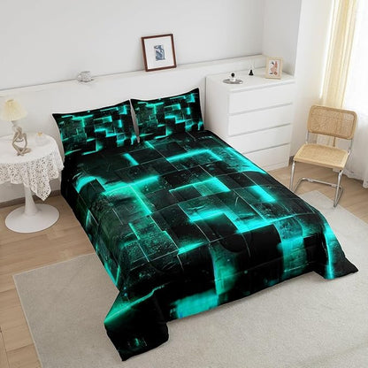 Black Teal Abstract Comforter Queen Gradient Square Queen Bedding Set, Grid Down Comforter Neon Checkered Bed Set, Glowing Plaid Quilted Duvet 3D Modern Bedroom Decor 3pcs (Black Reversible)